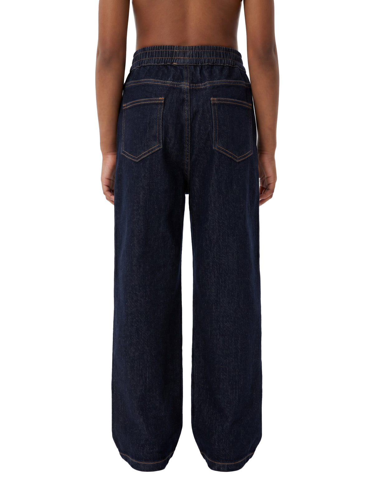 Back view of a model wearing dark blue wide-leg denim jeans with an elastic waistband and back pockets, shown against a plain white background.