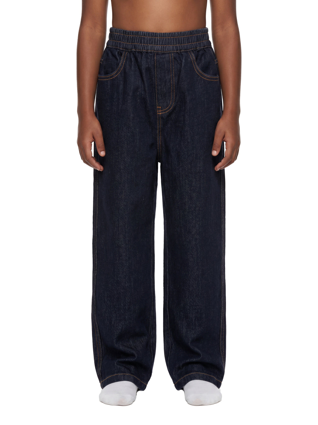 A child wearing dark indigo wide-leg denim pants with an elastic waistband, shown from the waist down against a plain white background.