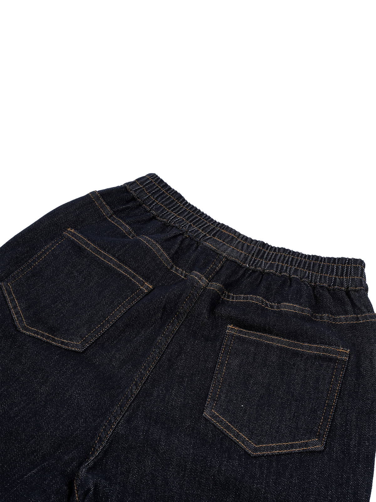 Close-up of the back waistband and pockets of dark indigo denim jeans, showing contrast stitching and an elasticized waist.