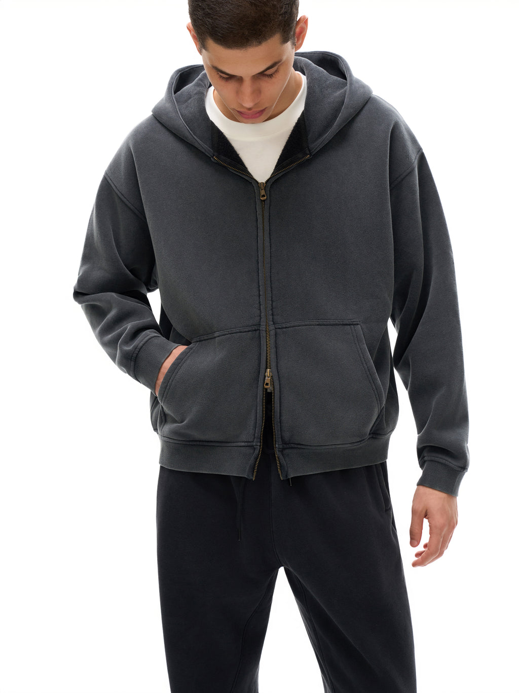 O | zip-through boxy fleece hoodie