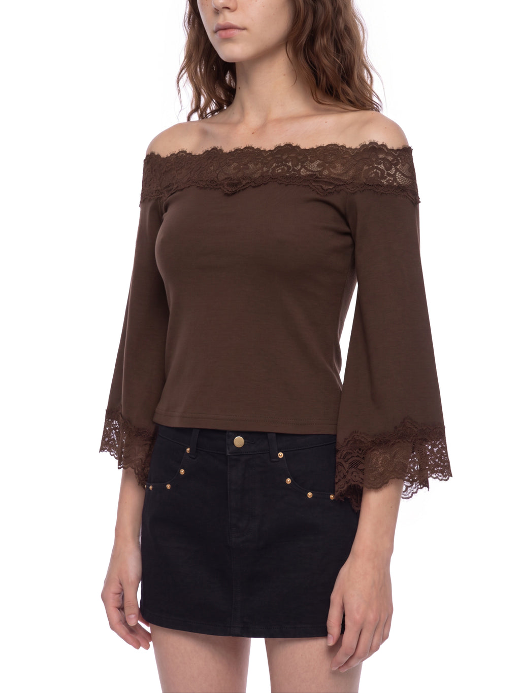 W | off-the-shoulder lace trim t-shirt