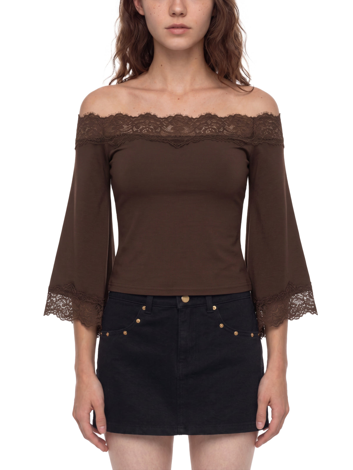 W | off-the-shoulder lace trim t-shirt