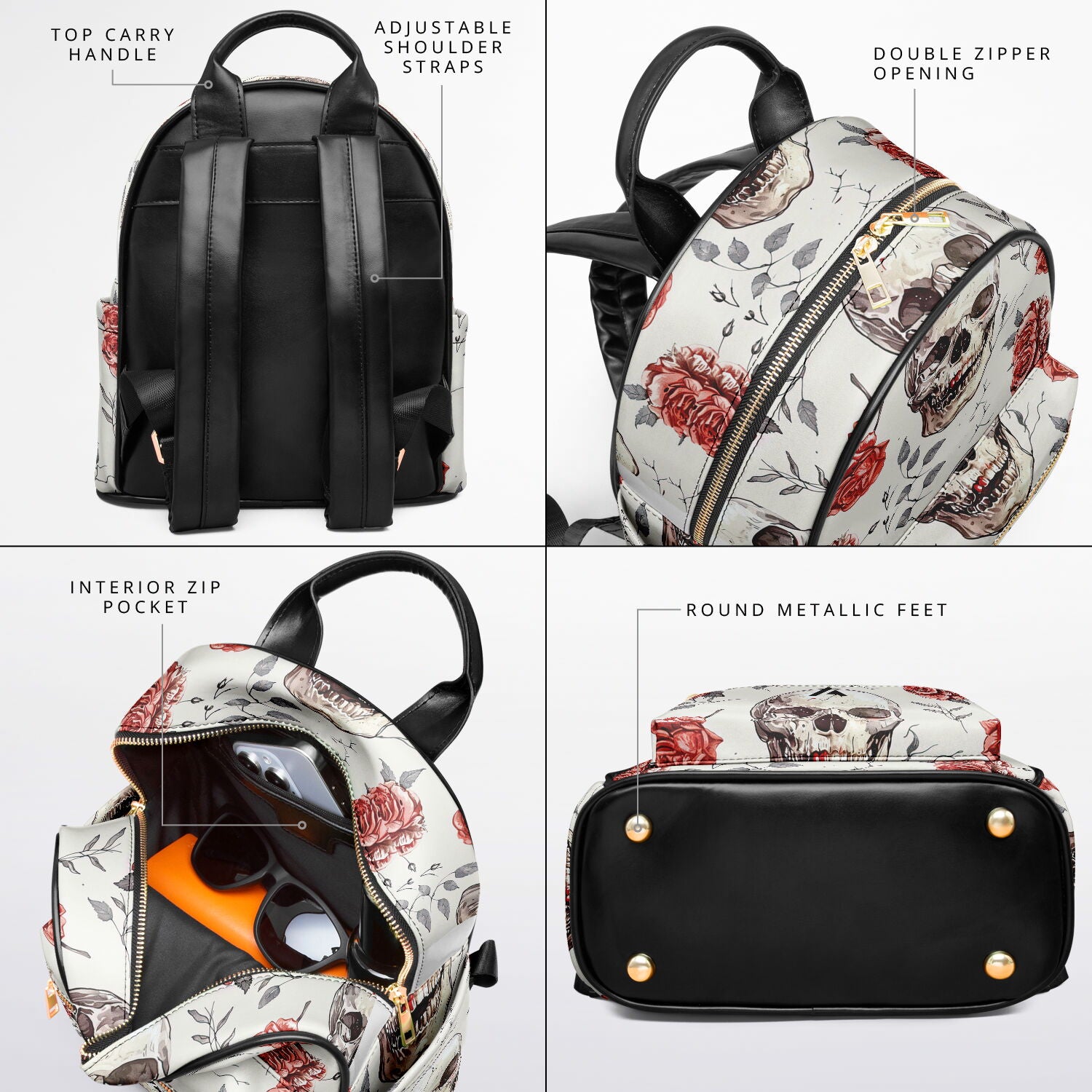 A four-panel product feature collage of a backpack with labeled callouts: top carry handle, adjustable shoulder straps, double zipper opening, interior zip pocket, and round metallic feet. The backpack has a black body with a white floral and skull print on the front and sides, plus gold-tone hardware.