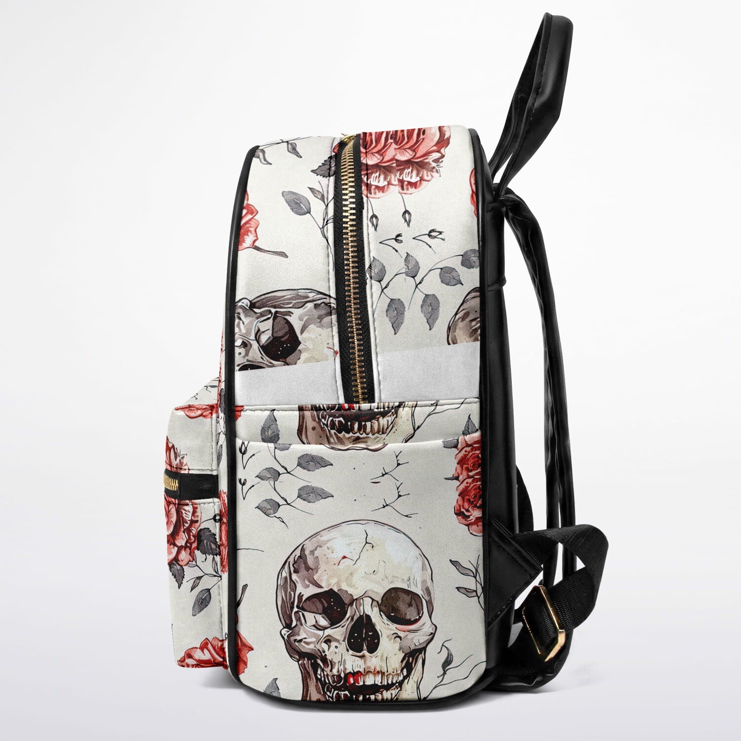 A white backpack featuring a gothic skull and red rose pattern, with black faux-leather trim, a black shoulder strap, and a gold-tone zipper on a white background.