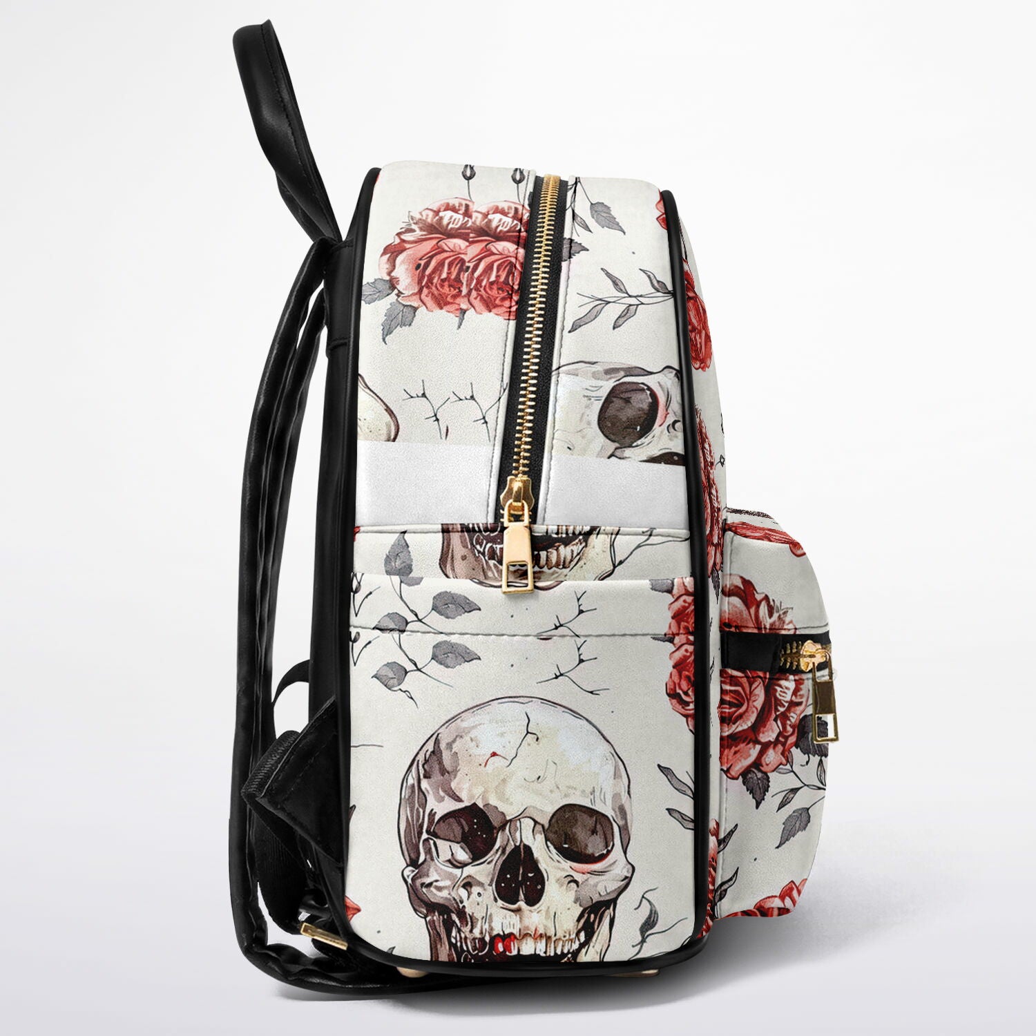 A white backpack featuring a gothic skull and red rose print, with black faux-leather trim, gold-tone zippers, and a black shoulder strap, shown against a plain white background.