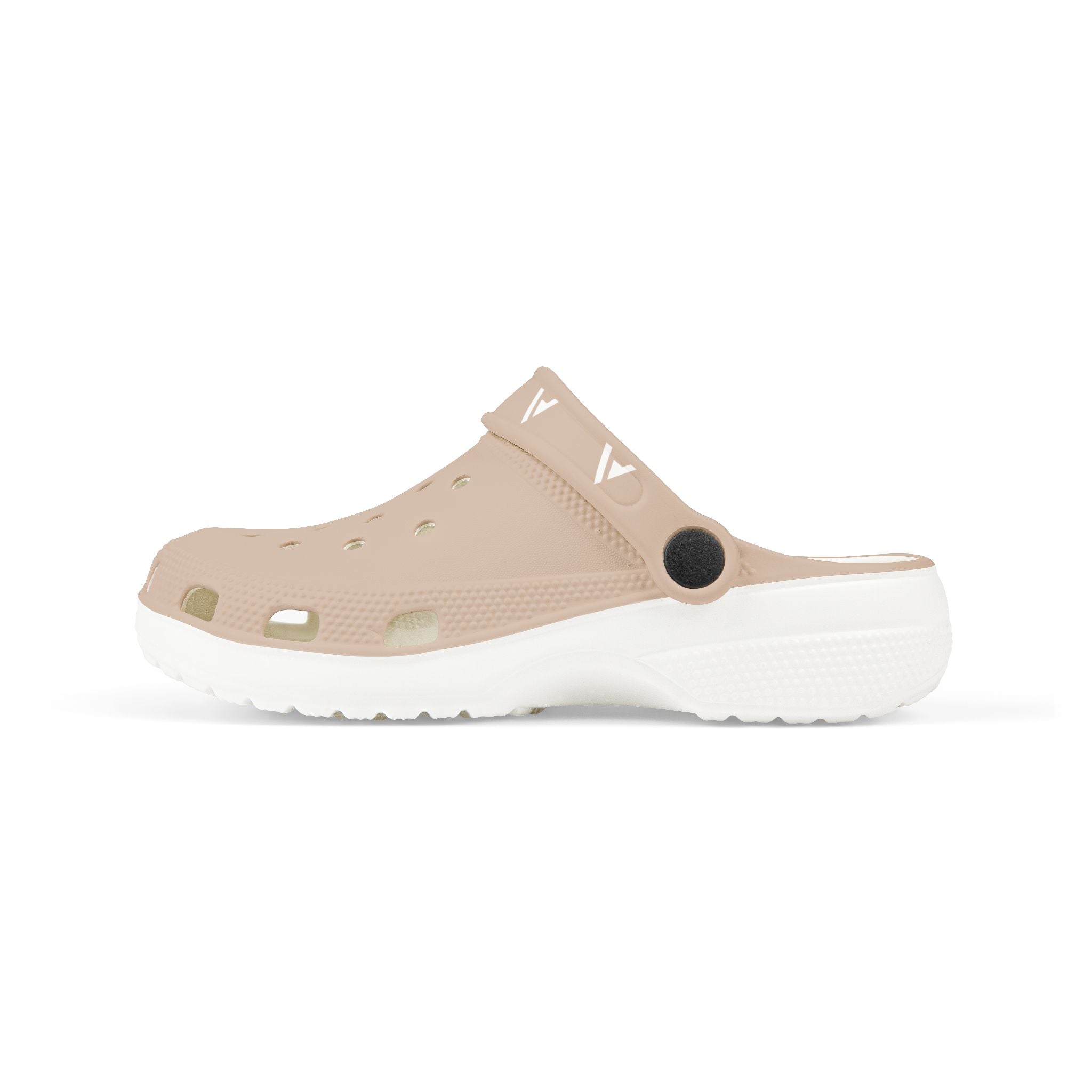 A single beige clog-style sandal with a white sole, shown in side profile against a plain white background.