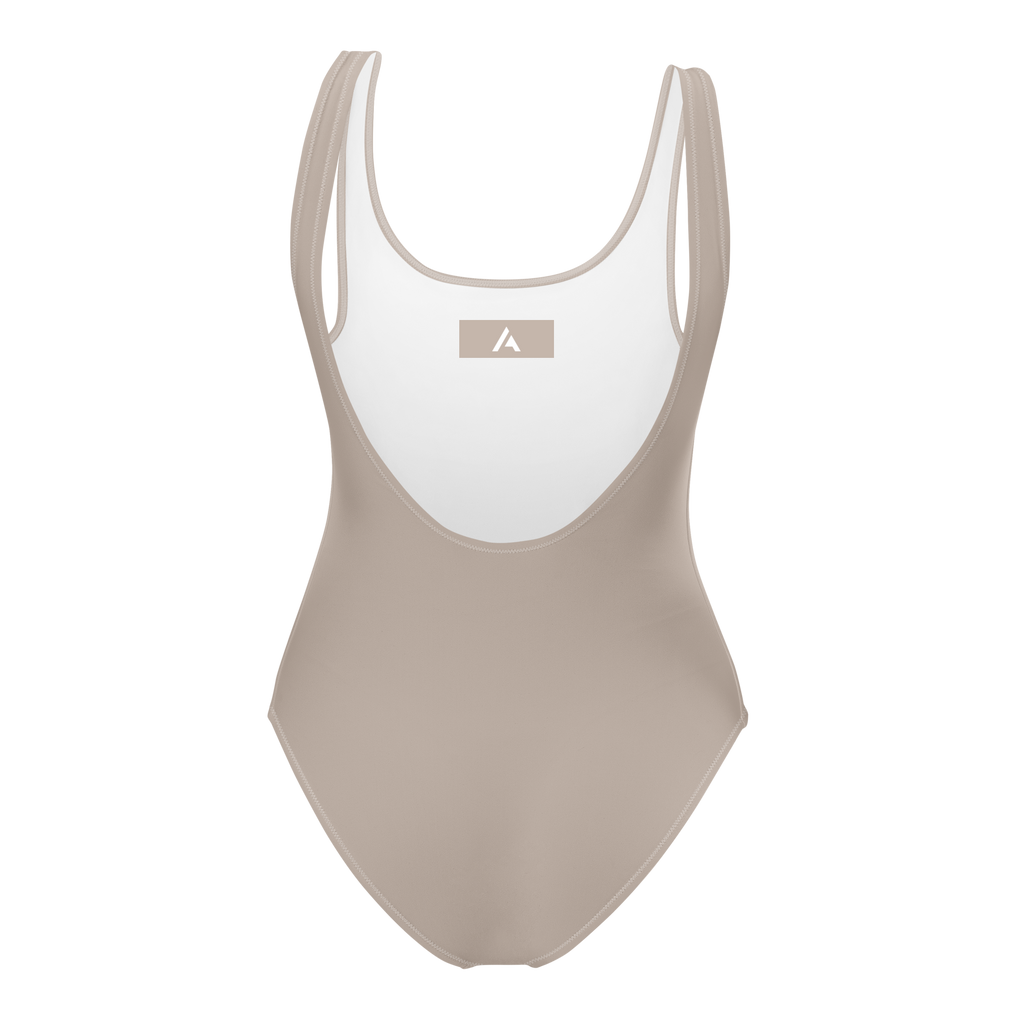 Beige swimsuit with white logo on a white background