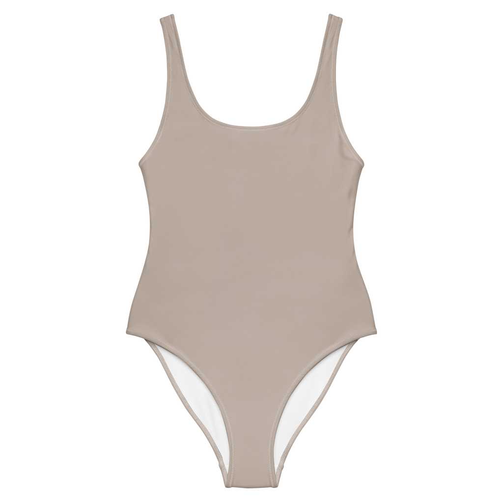 Beige one-piece swimsuit on a white background