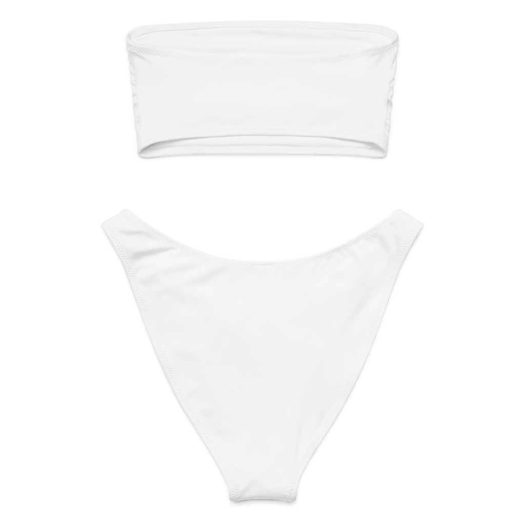 White bandeau top and high-waist bottom set on a white background